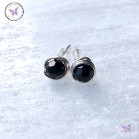 Faceted Black Onyx Silver Wire Wrap Stud Earrings